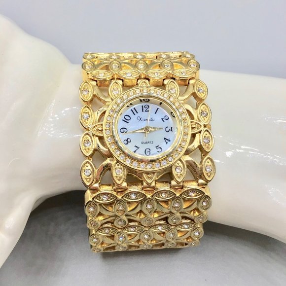 Vintage 90s Xanadu Watch Wide Band Jeweled Gold Tone and Crystals Ladies Watch - Picture 9 of 15